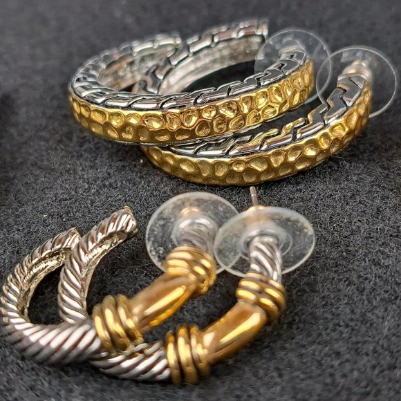 Twisted Cable, Hammered Gold & Silver Tone Hoop Earrings  4 pair - Picture 2 of 14